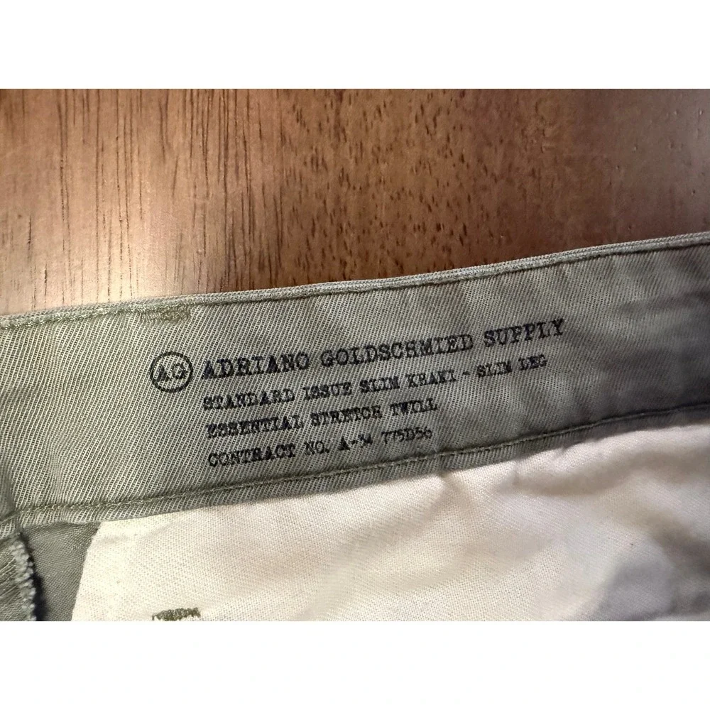 AG Adriano Goldschmied Men Slim Khaki Pants Sage Green Stretch Twill 34 Made USA